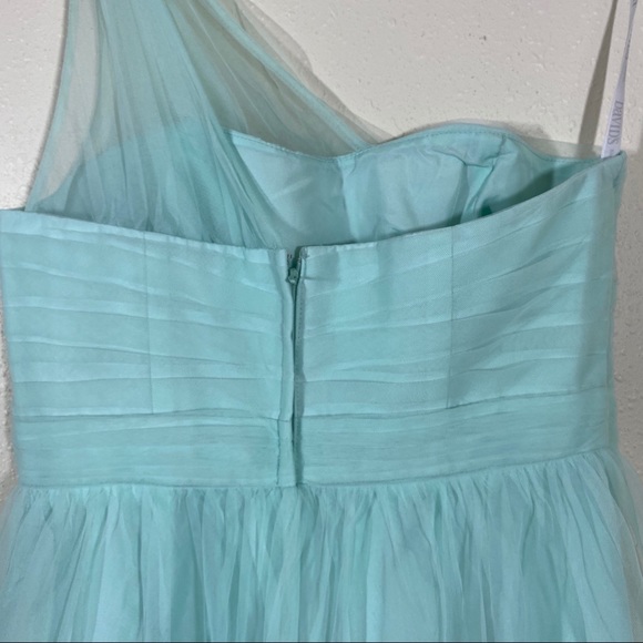 David’s Bridal Dress One Shoulder Fit Flare Dress pleated chest Blue/Green Mini - Picture 7 of 13